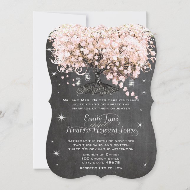 Mason Jar Pink Chalkboard Heart Leaf Tree Invitation (Front)
