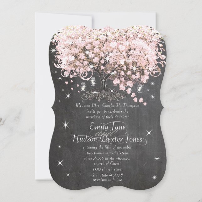 Mason Jar Pink Chalkboard Heart Leaf Tree Invitation (Front)