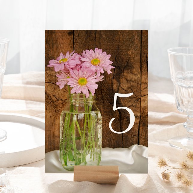 Mason Jar Pink Daisies Barn Wedding Table Numbers (Creator Uploaded)