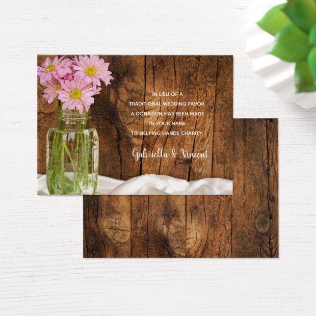 Mason Jar Pink Daisies Wedding Charity Favour Card (Desk)
