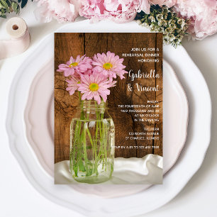 Mason Jar Pink Daisies Wedding Rehearsal Dinner Invitation