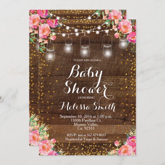 Mason Jar Pink Floral Baby Shower Invite card (Front/Back)