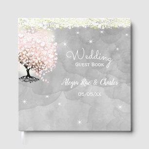 Mason Jar Pink Heart Leaf Tree on Grey Watercolor Guest Book