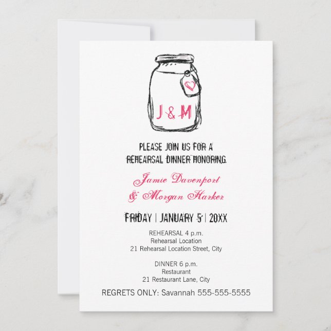 Mason Jar & Pink Heart Rehearsal Dinner Invitation (Front)