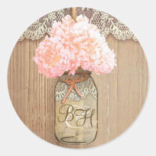 Mason Jar Pink Hydrangea Floral Rustic Wedding Classic Round Sticker