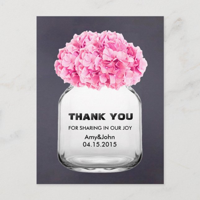 Mason jar pink hydrangea thank you note hydrangea5 postcard (Front)