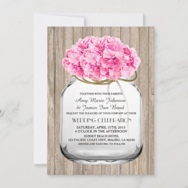 Mason jar pink hydrangea wedding invites hyd1 (Front)
