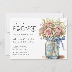 Mason Jar   Pink Roses Rehearsal Dinner Invitation