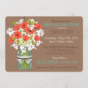 Mason Jar, Poppies, & Burlap Rustic Bridal Shower Invitation
