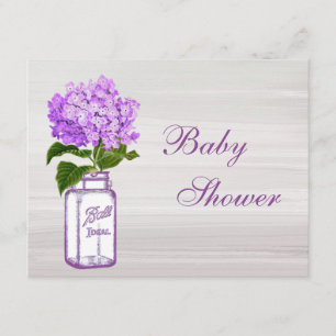 Mason Jar & Purple Hydrangea Chic Grey Baby Shower Invitation