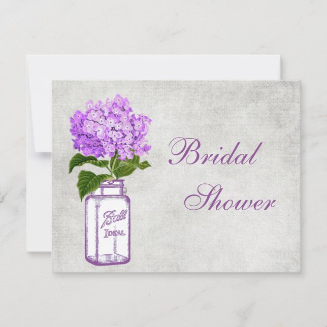 Mason Jar & Purple Hydrangea Grey Bridal Shower Invitation (Front)