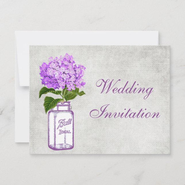 Mason Jar & Purple Hydrangea Shabby Chic Wedding Invitation (Front)