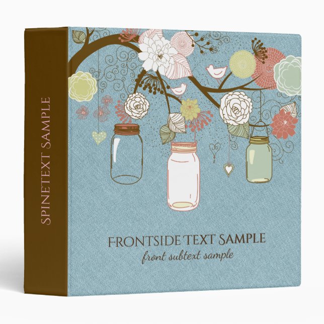 Mason Jar & Retro Flowers Blue Linen Binder (Front/Spine)