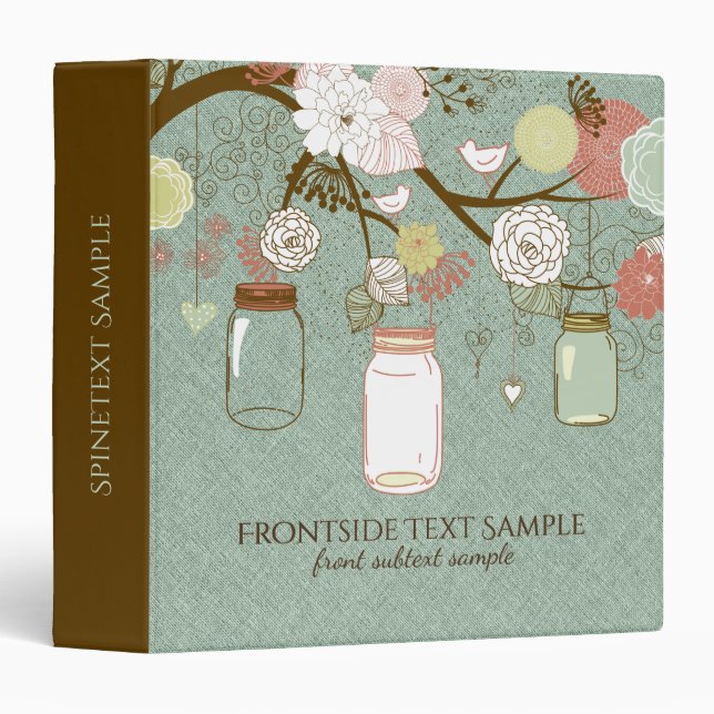 Mason Jar & Retro Flowers Green Linen Binder (Front/Spine)