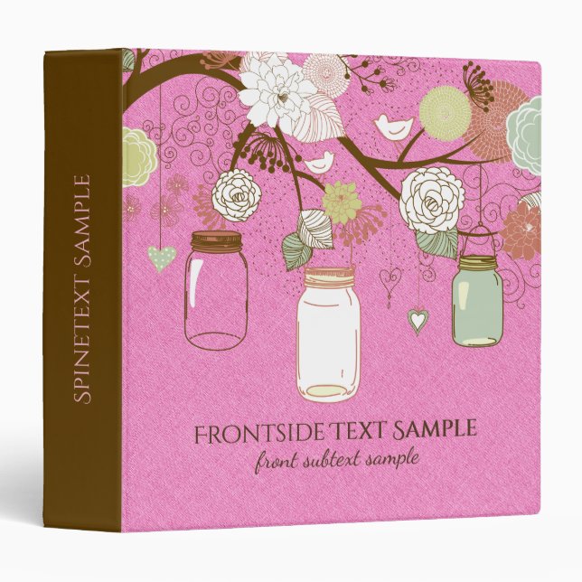 Mason Jar & Retro Flowers Pink Linen Binder (Front/Spine)