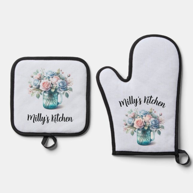Mason Jar Rose Bouquet Personalized  Oven Mitt & Pot Holder Set (Front)