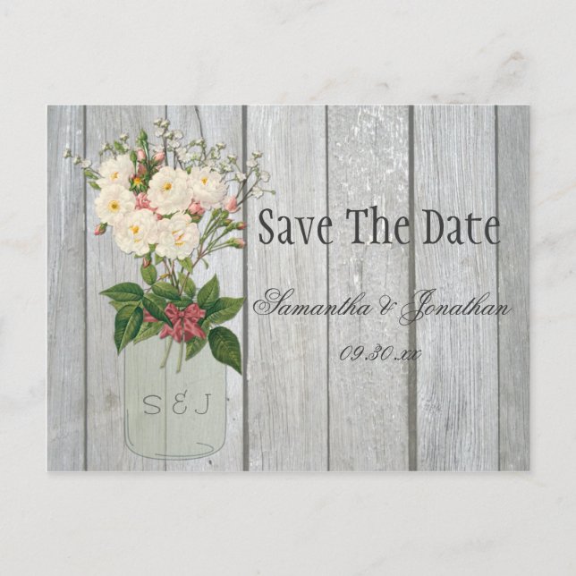 Mason Jar Roses Rustic Barn Wood Save The Date Announcement Postcard (Front)