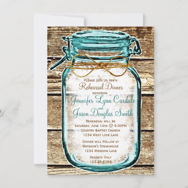 Mason Jar Rustic Bois Répétition Dîner Invitations (Devant)