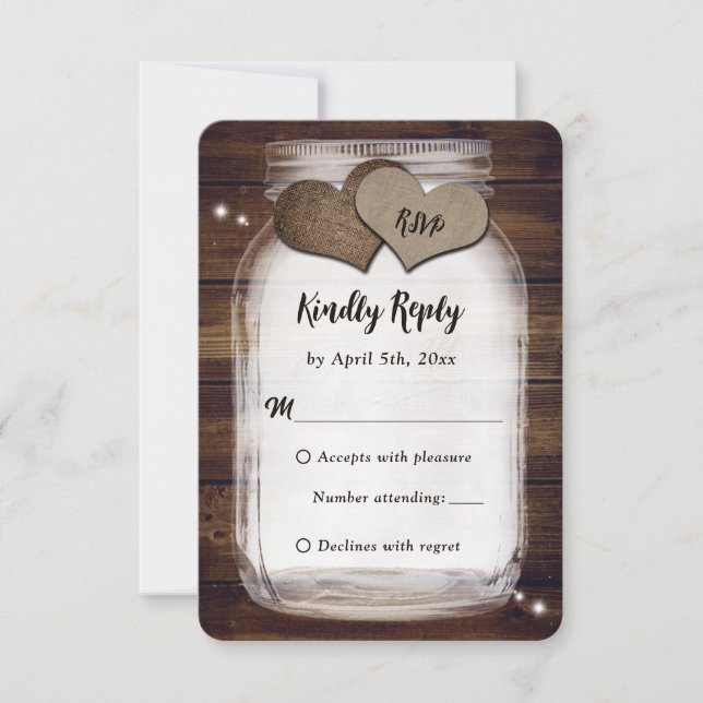 Mason Jar Rustic Country Burlap Coeur Mariage RSVP (Devant)