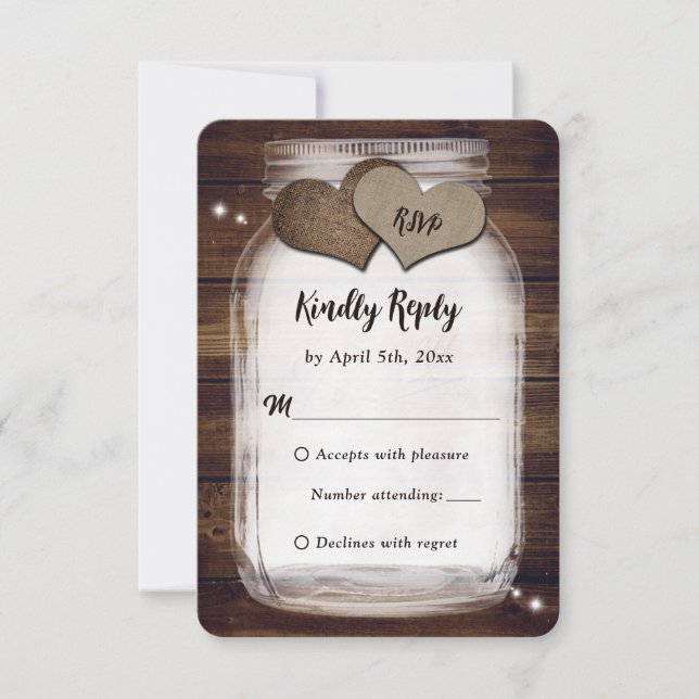 Mason Jar Rustic Country Burlap Heart Wedding RSVP (Front)