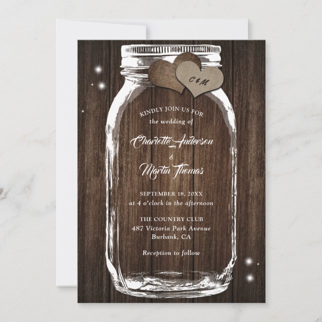 Mason Jar Rustic Country Wood Burlap Heart Wedding Invitation (Front)