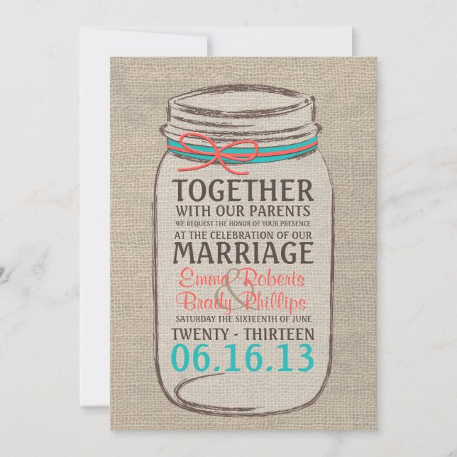Mason Jar Rustic Faire-part de mariage - Coral Tur (Devant)