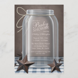 Mason Jar Rustic Stars Blue Gingham Baby Shower Invitation