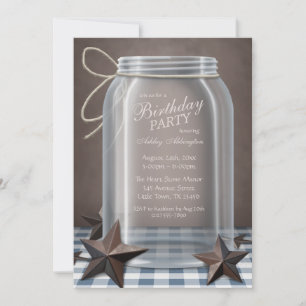 Mason Jar Rustic Stars Blue Gingham Birthday Party Invitation
