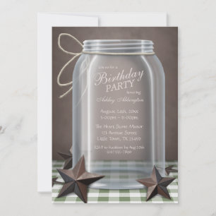 Mason Jar Rustic Stars Green Gingham Birthday Invitation