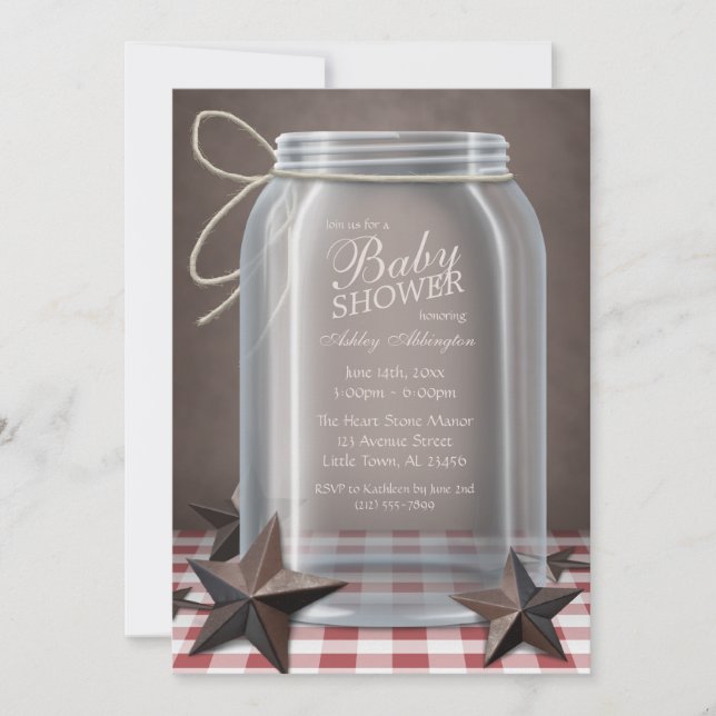 Mason Jar Rustic Stars Red Gingham Baby Shower Invitation (Front)