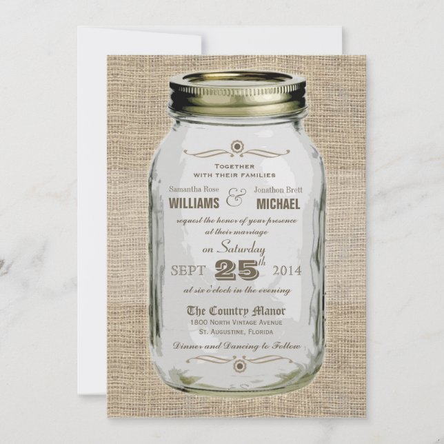Mason Jar Rustic Vintage Look Wedding Invitation (Front)