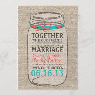 Mason Jar Rustic Wedding Invitation - Coral Teal