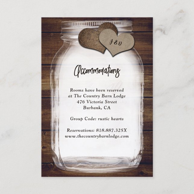 Mason Jar Rustic Wood Burlap Hearts Accommodation Enclosure Card (Front)