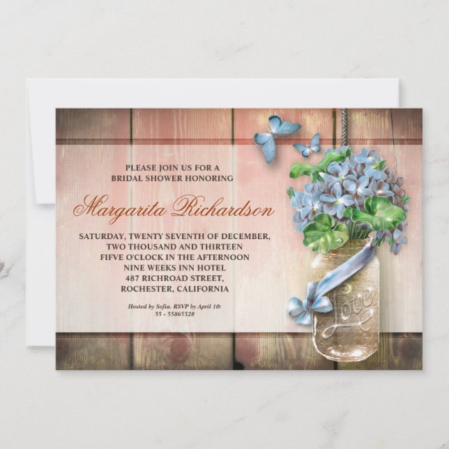 mason jar rustic wood floral bridal shower invites (Front)