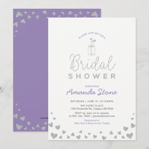Mason Jar, Silver Glitter & Purple Bridal Shower Invitation