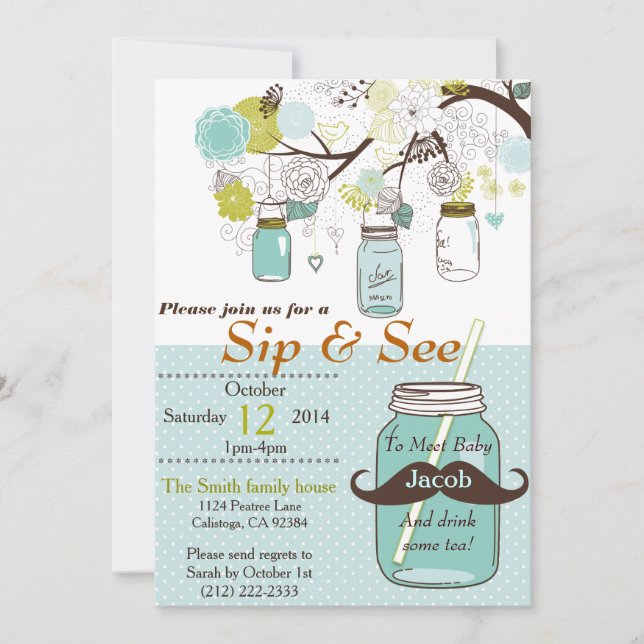 Mason Jar Sip & See Baby Invitation (Front)
