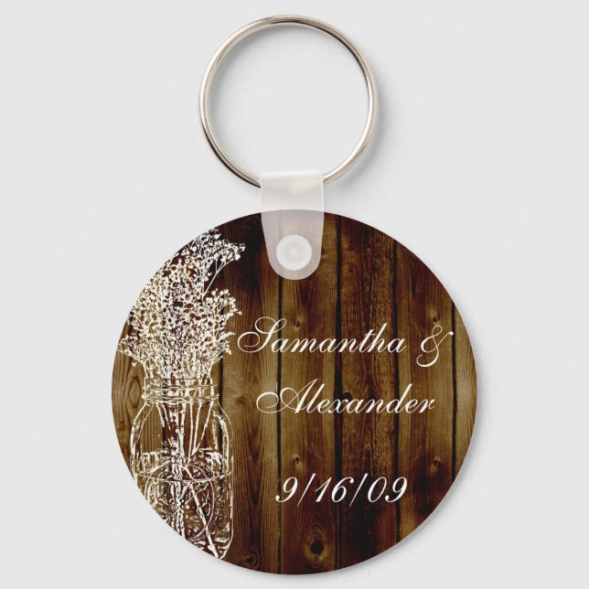 Mason Jar Stamp on Dark Wood Plank Keychain (Front)