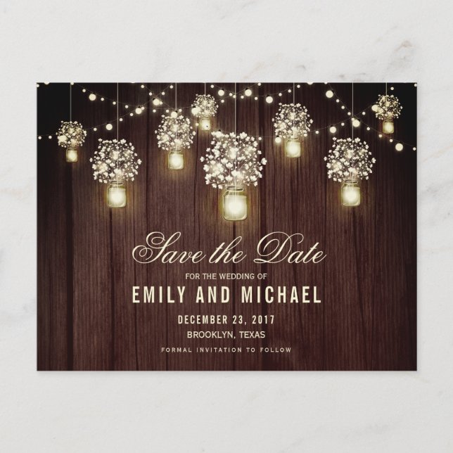 Mason jar string light lace rustic save the date announcement postcard (Front)