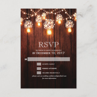 Mason jar string light wooden wedding RSVP Card