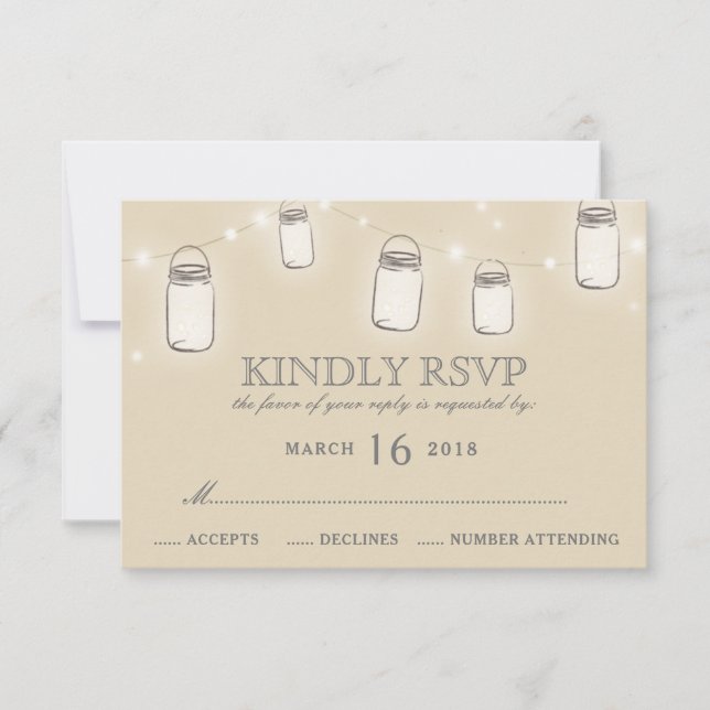 Mason Jar String Lights Blush Pink Wedding RSVP (Front)