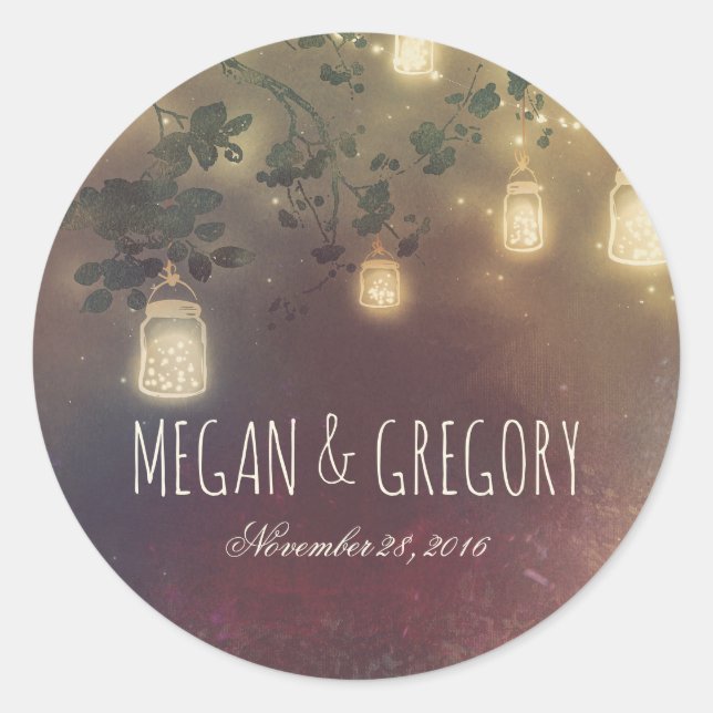 Mason Jar String Lights Branches Rustic Wedding Classic Round Sticker (Front)