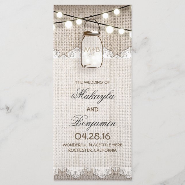 Mason Jar String Lights Burlap Wedding Programs (Front)