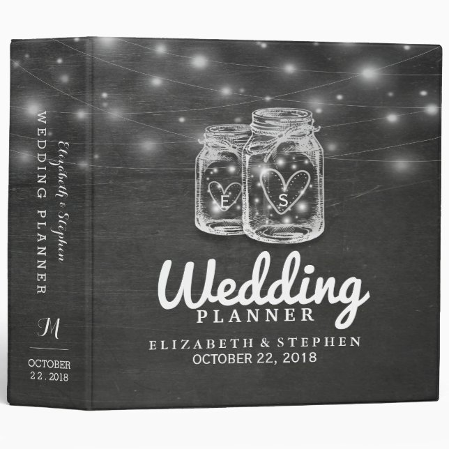 Mason Jar String Lights Chalkboard Wedding Planner Binder (Front/Spine)
