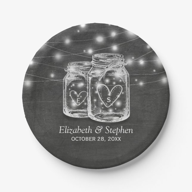 Mason Jar String Lights Chalkboard Wedding Shower Paper Plate (Front)