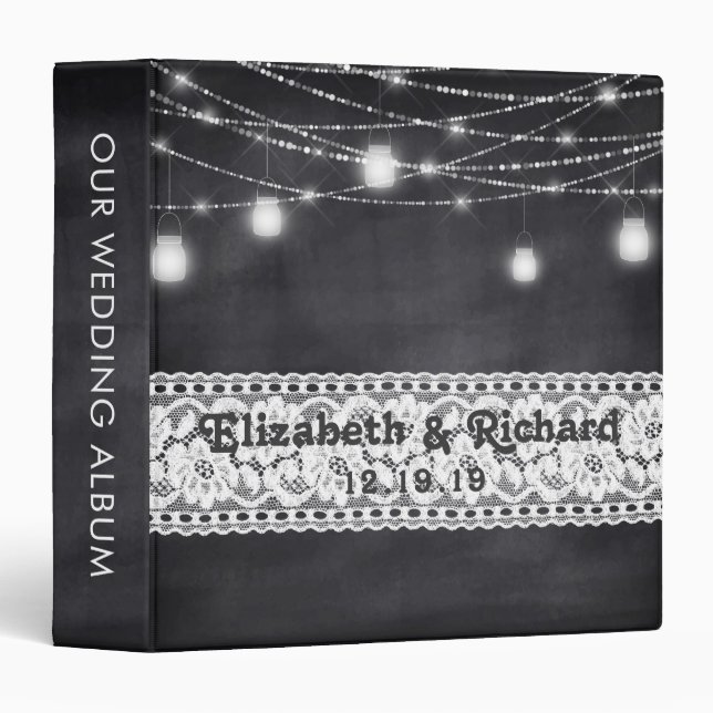 Mason Jar String Lights Lace Chalkboard Wedding Binder (Front/Spine)