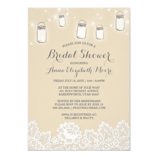 Mason Jar String Lights Lace Elegant Bridal Shower Card