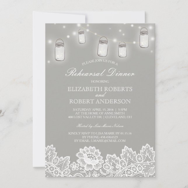 Mason Jar String Lights Lace Grey Rehearsal Dinner Invitation (Front)