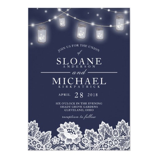 Mason Jar String Lights Lace Navy Blue Wedding Card