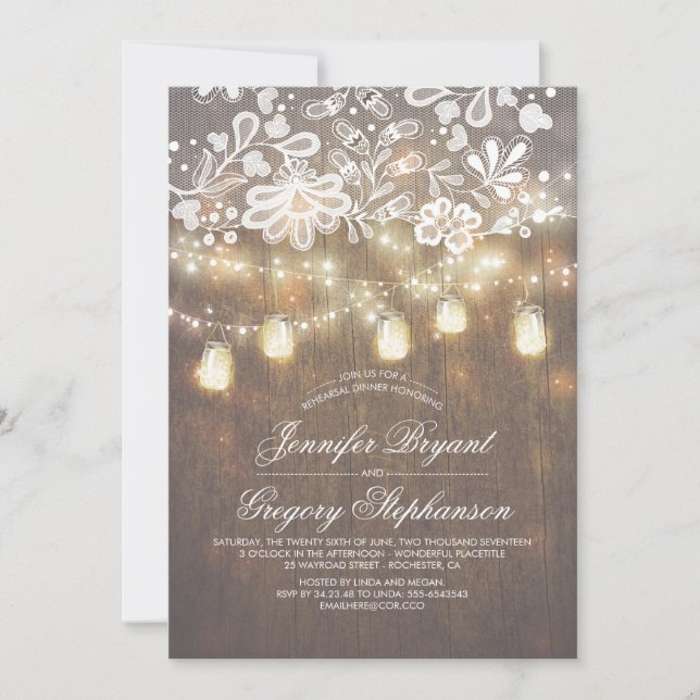 Mason Jar String Lights Lace Rehearsal Dinner Invitation (Front)