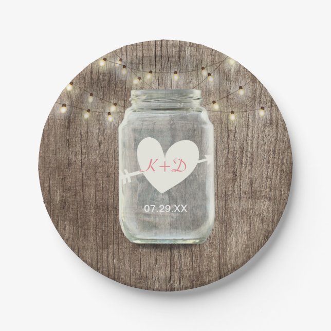 Mason Jar & String Lights Rustic Barn Wood Wedding Paper Plate (Front)